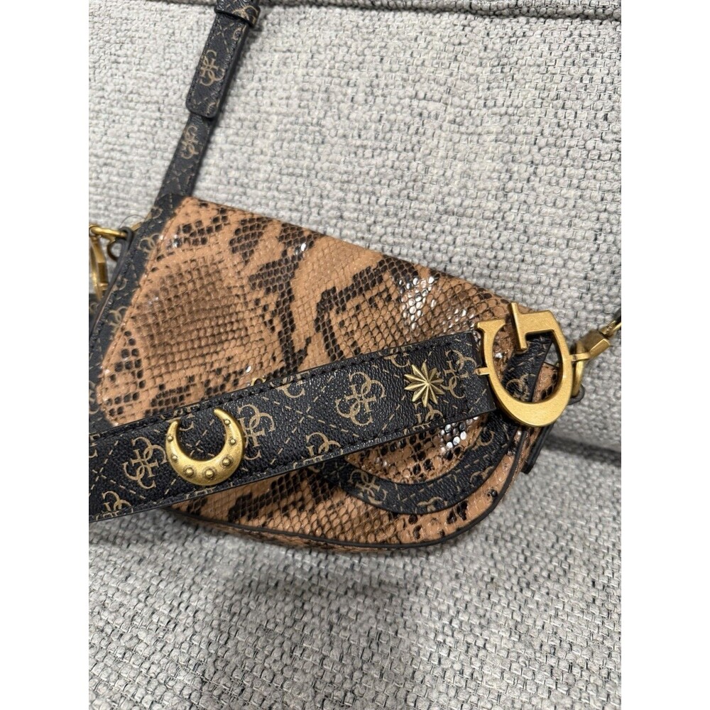 GUESS brown snake print crossbody bag w/ logo strap gold hardware small - Picture 3 of 9